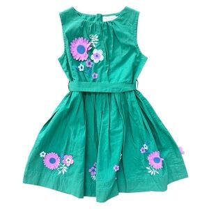 Mini Boden Green Flower Appliqué Tie Waist Dress size 5/6